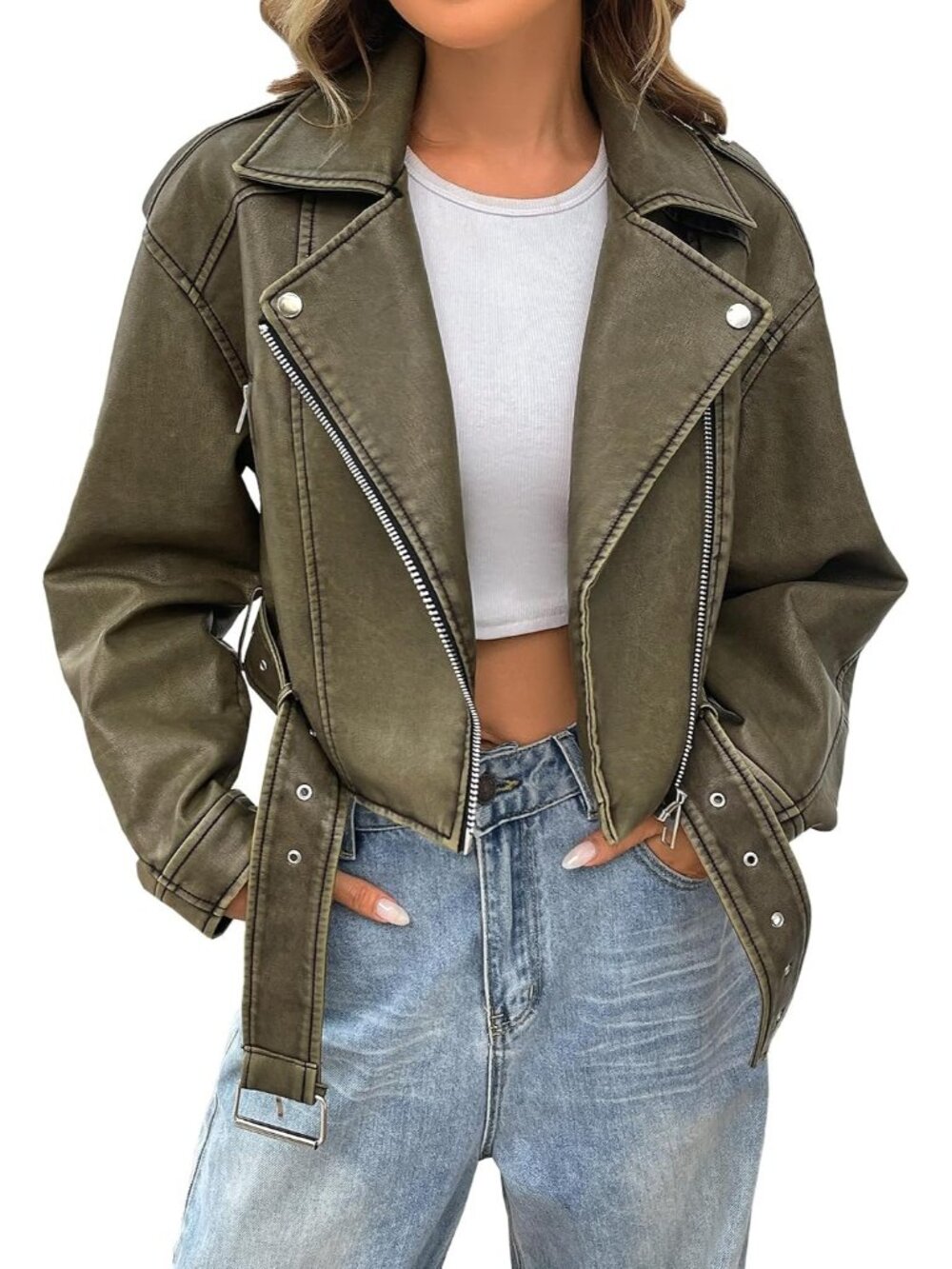 Women's Dark Green Long Sleeve Coat Fall Belt Faux Leather Winter Cropped Jacket